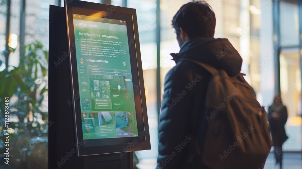 Poster A person interacts with a large digital display showcasing information on artificial intelligence and sustainable finance. The setting is a contemporary office space filled with natural light.