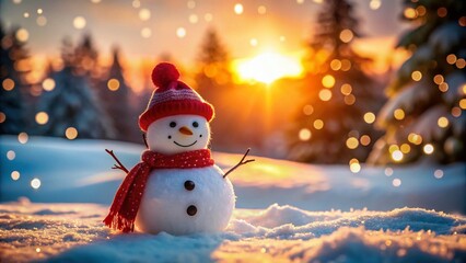 Fototapeta premium Cheerful Snowman in a Snowy Landscape with Bokeh Lights, Capturing the Essence of Winter Joy and Holiday Spirit with a Red Hat and Scarf, Perfect for Seasonal Celebrations