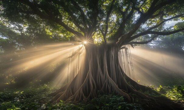 Majestic banyan tree with sunlight rays, lush greenery, misty atmosphere