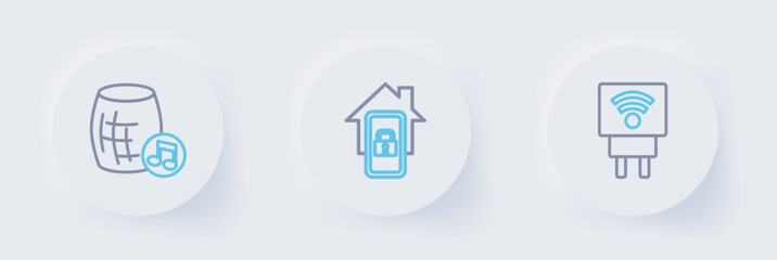 Set line Smart electric plug, Mobile with smart home and Voice assistant icon. Vector