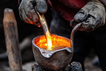 Foundry worker makes castings from liquid metal and various alloys