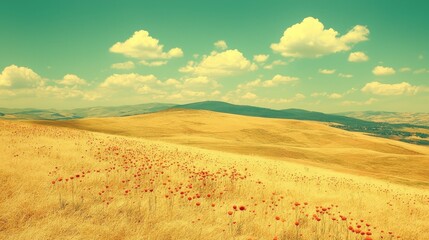 Fototapeta premium Golden Fields Under a Summer Sky with Wildflowers