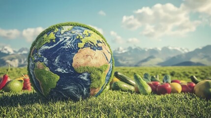 Green Earth Globe with Fresh Produce in a Scenic Field