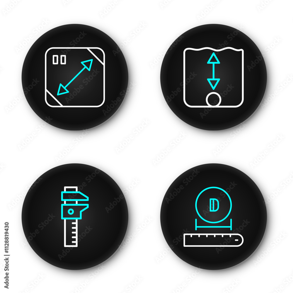Poster set line diameter, calliper or caliper and scale, depth measurement and diagonal measuring icon. vec