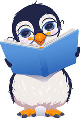 School teacher bird penguin with glasses read open book. Vector cartoon illustration isolated on white