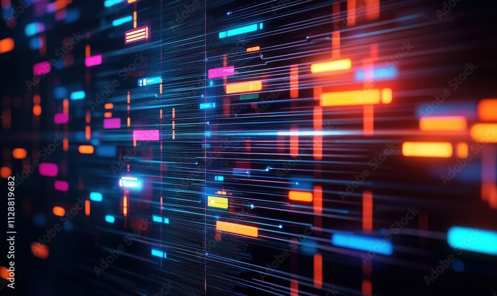 Poster abstract digital data visualization with vibrant colors and lines