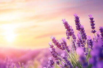 Fototapeta premium A close-up of lavender blossoms in full bloom, bathed in soft evening light, with rows of purple stretching into the horizon and a pastel sky