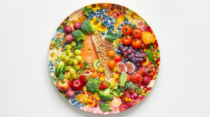 Colorful plate with vegetables and nuts symbolizes balanced diet and healthy eating.