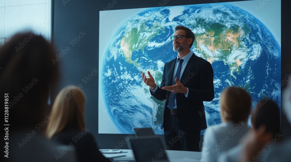 Poster a business executive presents a strategic vision for sustainable finance, discussing ai advancements