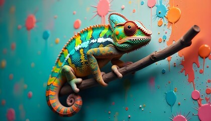 A colorful chameleon with bright green, blue, and orange scales climbing a branch while surrounded by colorful splattered paint