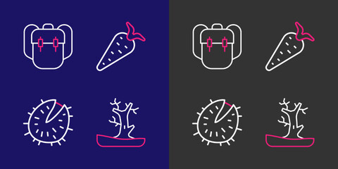 Set line Bare tree, Chestnut, Carrot and School backpack icon. Vector