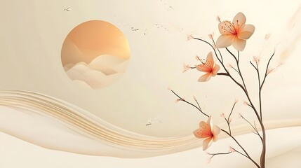 Abstract Beige Landscape with Peach Blossoms and Birds