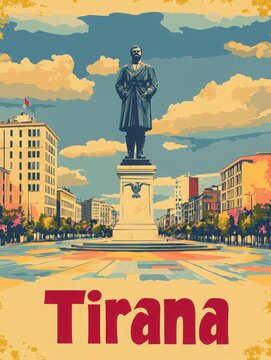 A prominent statue of a historical figure rises in Tiranas vibrant city center. The colorful surroundings and clear blue sky create a welcoming atmosphere for visitors exploring the area.