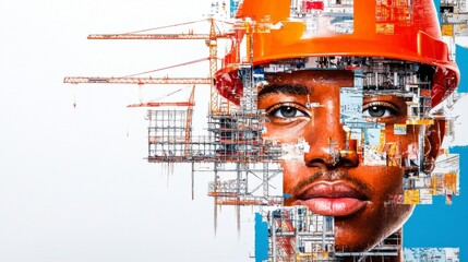 Artistic Representation of a Constructive Dreamer: A Young Man in an Orange Hard Hat Surrounded by Abstract Construction Elements and Crane Imagery