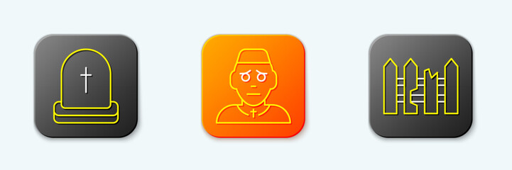 Set line Tombstone with RIP written, Priest and Garden fence wooden icon. Vector