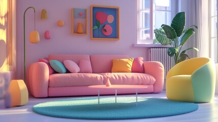 A vibrant, modern living room featuring colorful furniture and decor.