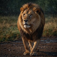 A lion walking through the rain, its mane shimmering with water droplets in soft light.  