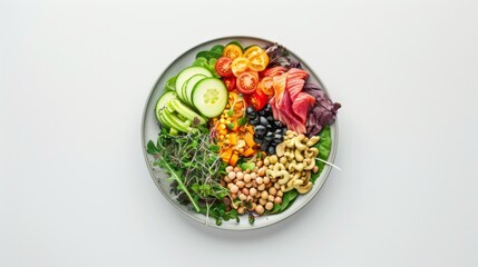Colorful plate with vegetables and nuts symbolizes balanced diet and healthy eating.