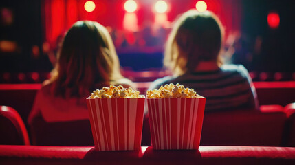 Charming cinema date with popcorn boxes on red seats and couples settling in