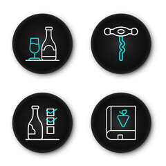 Set line Book about grapes, Bottle of wine, Wine corkscrew and bottle with glass icon. Vector