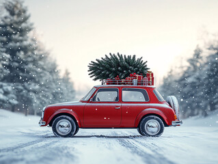 a vintage red car with a festive Christmas tree attached to the roof. The tree is decorated with red ornaments and a star, and the scene is set against a snowy background.