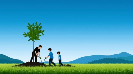 Family Planting Tree Together in a Lush Green Field on a Clear Day with Mountains in the Background, Promoting Environmental Conservation and Nature Care