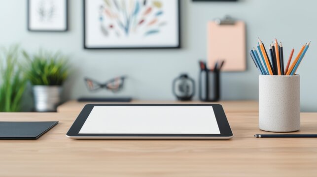 Modern Workspace with Tablet and Stationery on Wooden Desk, Decorated with Plants and Art, Ideal for Creative Projects and Remote Work Inspiration