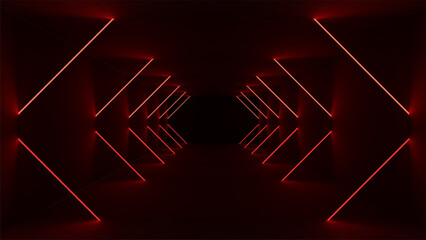 Red Neon Futuristic Black Tunnel. Abstract light tech background.