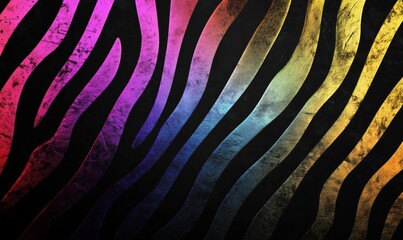 Colorful zebra stripes pattern, vibrant hues, black background, abstract design, artistic texture