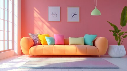 A vibrant living room with an orange sofa, colorful pillows, and a plant against a pink wall.