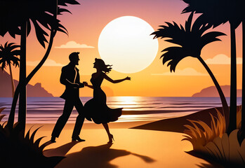 A charming paper-cut illustration, flat cartoon style with deep shadows. A couple dances together on a beach at sunset. Man and woman smiling and laughing.