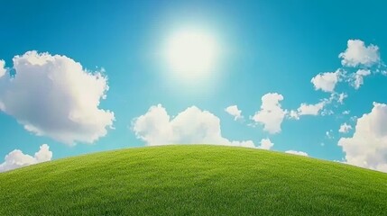 Obraz premium Sunny Day on Rolling Green Hill with Fluffy Clouds