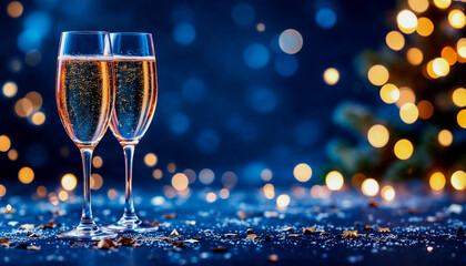 banner to honor  Two champagne glasses on a dark blue backdrop featuring a Christmas tree adorned with bokeh lights, confetti, glitter, and sparkles. Concept for a Christmas event with text copy space