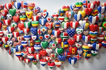 Fototapeta premium Cinematic 3D Hearts Formed by World Flags Against a White Background, Celebrating Global Unity and Diversity in a Stunning Landscape Photography Style