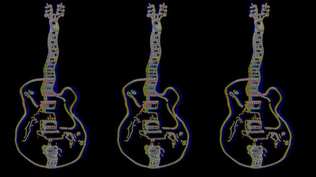 Three guitar glitch bug effect grunge pixelated. Black background Flickering triple instrument image
