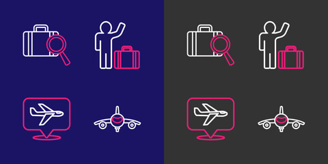 Set line Plane, Tourist with suitcase and Lost baggage icon. Vector