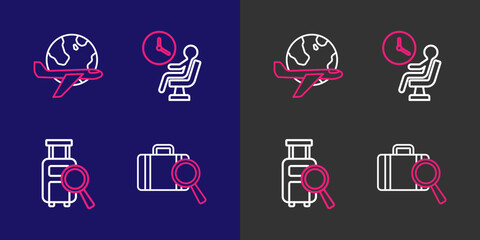 Set line Lost baggage, Human waiting in airport terminal and Globe with flying plane icon. Vector