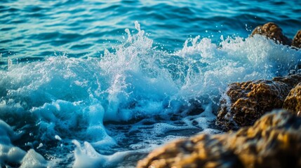 Obraz premium Ocean Waves Crashing on Rocky Shoreline