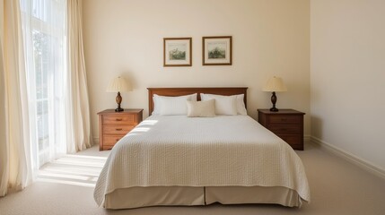 A cozy, well-lit bedroom featuring a double bed, wooden nightstands, and tasteful artwork on the walls, creating a serene atmosphere.