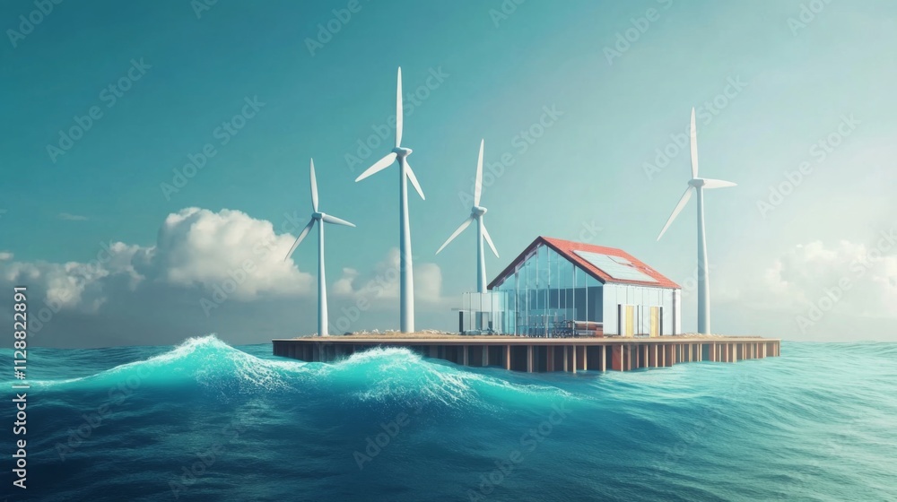 Poster a modern floating house is situated on calm waters, surrounded by towering wind turbines that harnes
