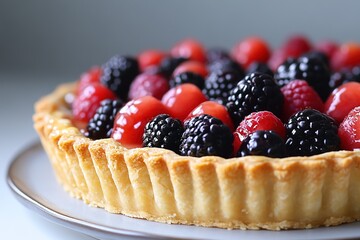 Close-up of berry tart with fresh raspberries and blackberries
