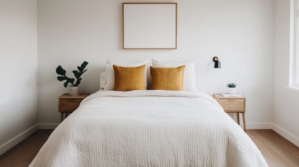 A cozy, minimalist bedroom featuring a large bed with neutral bedding, yellow accent pillows, wooden nightstands, and a simple wall art above.