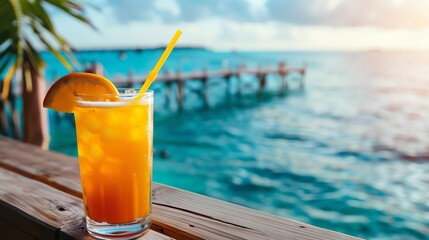 A glass of orange juice with a slice of orange on a wooden railing by the ocean.