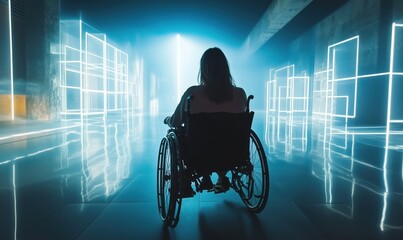 Person in wheelchair facing illuminated space, modern art installation, futuristic ambiance,...