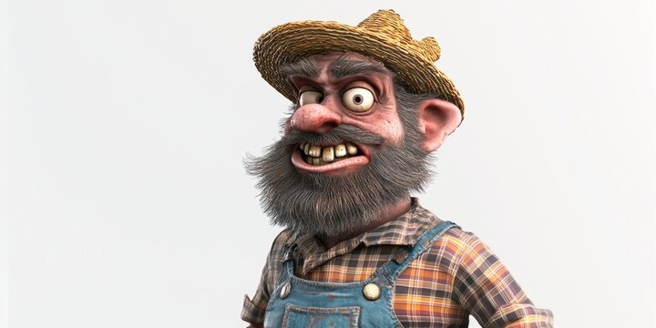 Eine Comicfigur eines Bauern mit Strohhut und Overall, der schelmisch l&auml;chelt.