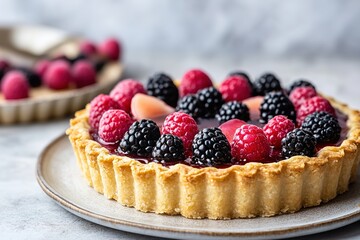 Berry tart on plate with vibrant fresh raspberries and blackberries