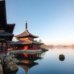 Naklejka premium Traditional japanese temple with lake