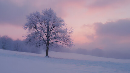 A serene twilight scene with a snow-covered tree standing in a field of deep powder snow.