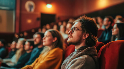 Fototapeta premium Crisp red velvet seats contrast with softly focused audience at a cinematic experience