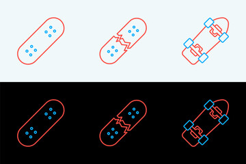 Set line Skateboard, and Broken skateboard deck icon. Vector
